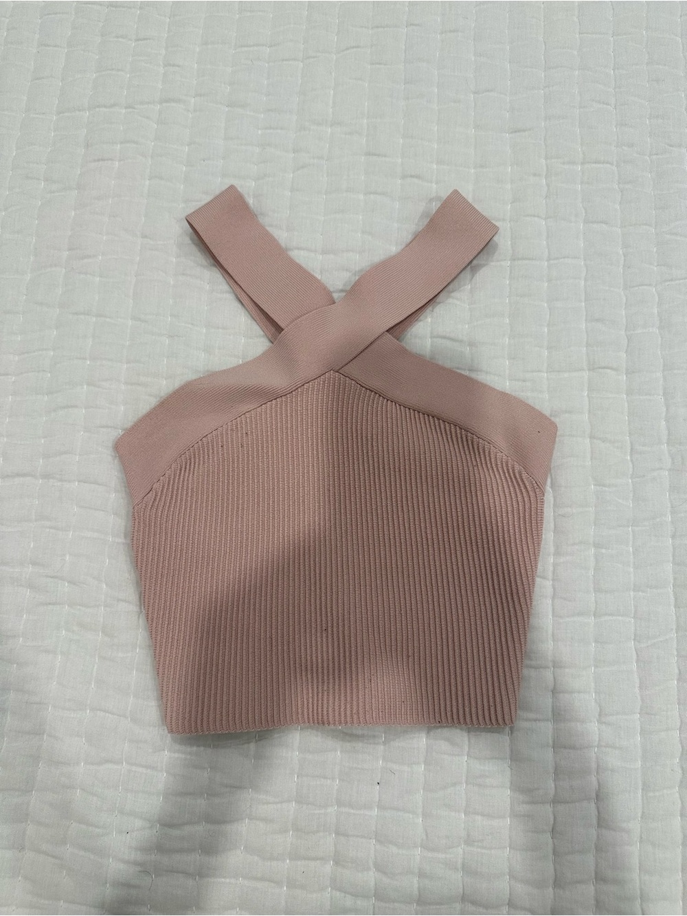 Babaton Ribbed Cross-Back Crop Top - Dusty Pink